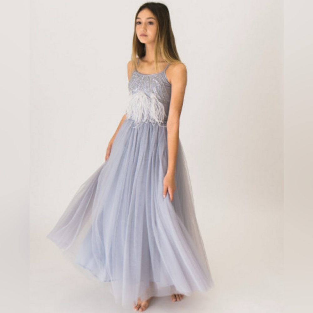 TTDM tutu du monde grey powder blue long ostrich feather dress 8 9